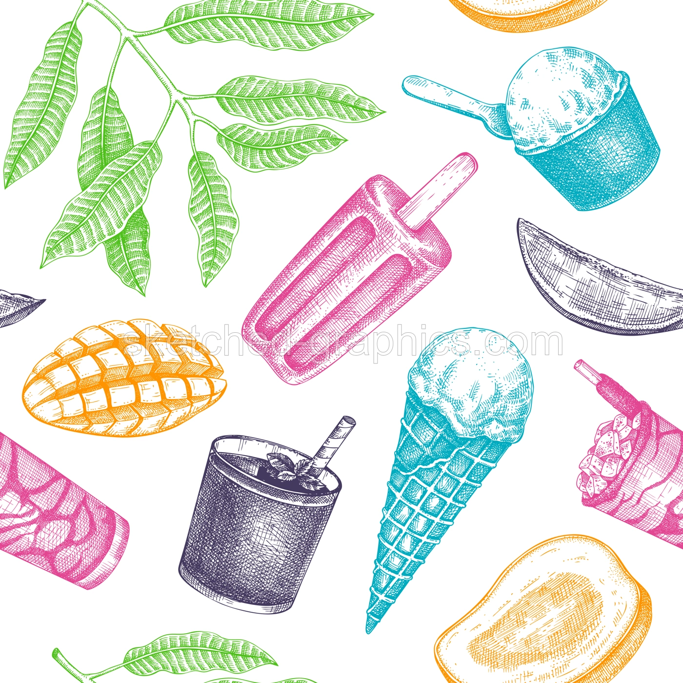 Summer party background. Tropical seamless pattern. Mango, ice cream, fruit, cocktail sketches. Hand drawn vector illustration. Summer food and drinks design.  Illustration